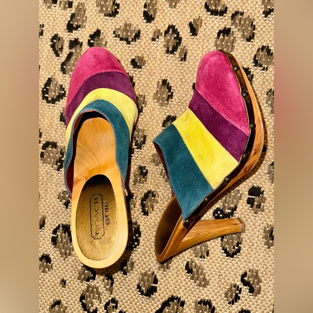 Coach Vintage Multi-color Suede High Heeled Clogs Size 8.5